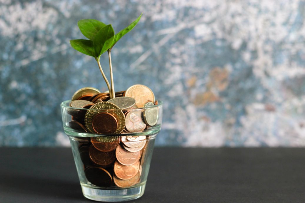 coins in a glass with a plant growing