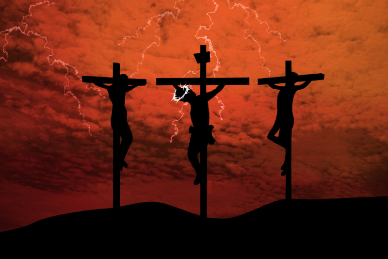 jesus on the cross and 2 cross besides him